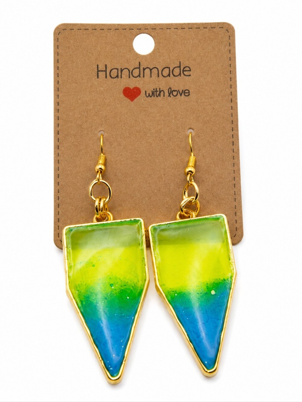 Women's Handmade Lime Green And Blue Resin Bezel Dangle Fish Hook Earrings